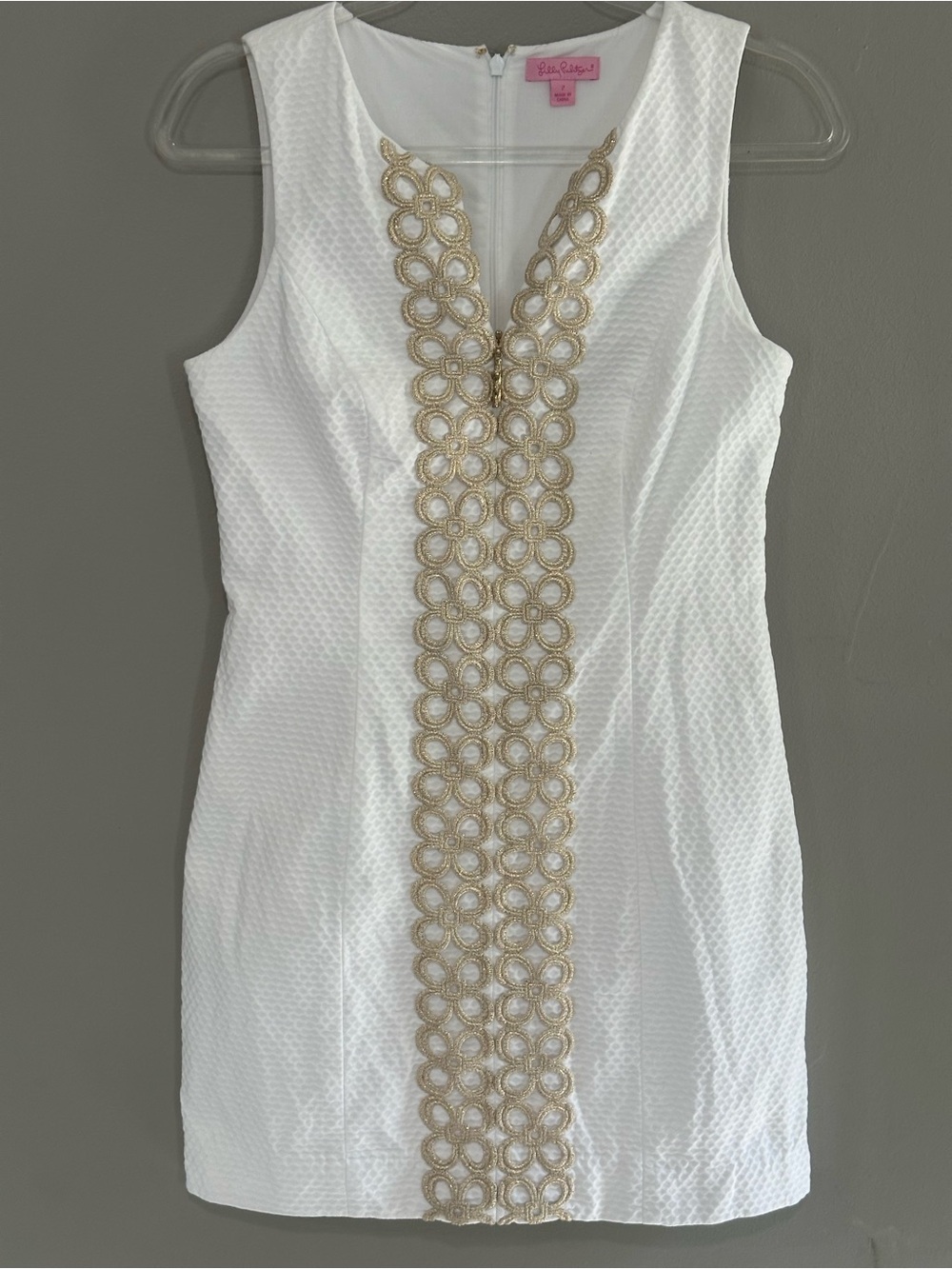 Lilly Pulitzer White Sheath Dress with Gold Circular Trim